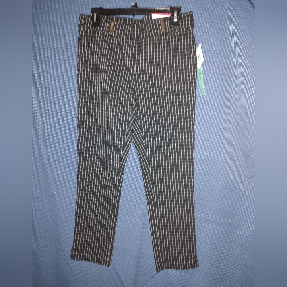 Rafaella Black White Check Pants Pull On Slim Ankle 8 Petite NWT Split Hem